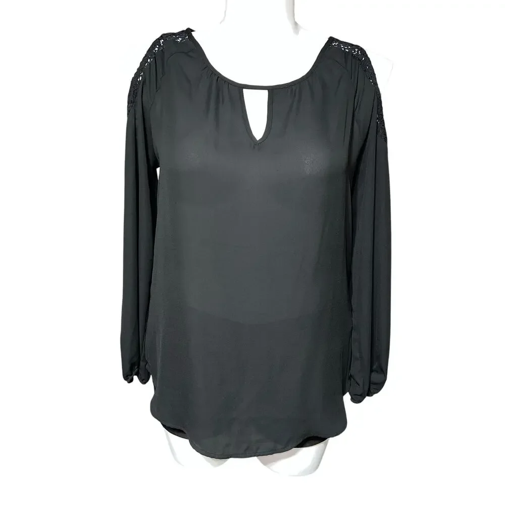 Faded Glory Womens Blouse Top Cold Shoulder Balloon Sleeve Lace Accent Large